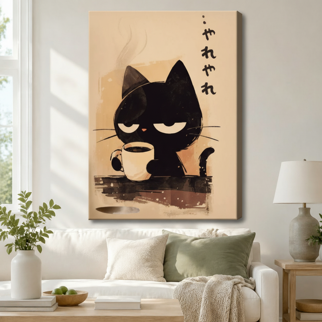Framed Japanese ink-style grumpy black cat holding coffee mug with やれやれ calligraphy wall art displayed above a rattan console in a bright modern entryway
