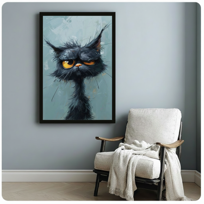 Framed poster of a scowling black cat with wild whiskers and amber eyes on a blue-grey background, displayed beside a linen armchair with a draped throw blanket