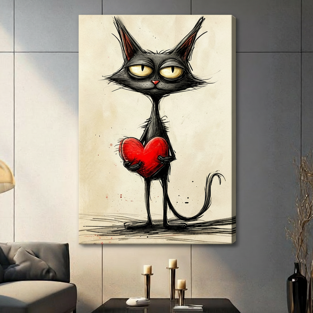 Whimsical ink sketch illustration of a nonchalant lanky black cat standing on stilt-like legs with tufted pointed ears squinting yellow-green eyes a tiny red nose and a long sweeping tail holding a bold red heart tightly with ink splatter accents on a warm off-white textured background witty cat wall art stretched canvas in a living room with dark gray panel wall dark sofa and black vase