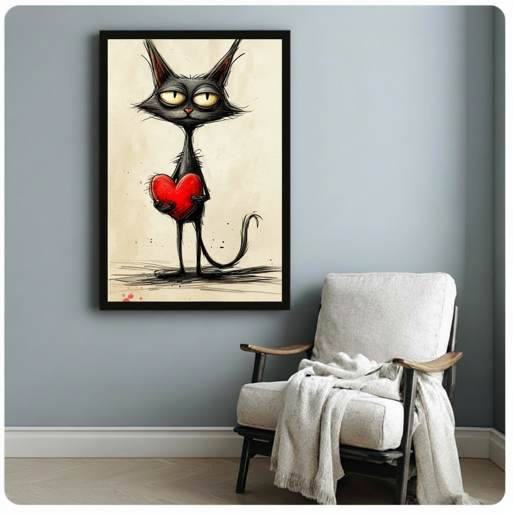 Whimsical ink sketch illustration of an indifferent skinny black cat standing tall on thin legs with spiky ears heavy-lidded yellow-green eyes a small red nose and a trailing curved tail clutching an oversized glossy red heart amid scattered ink droplets on a cream vintage paper background quirky cat wall art framed print beside a white linen armchair on a blue-gray wall