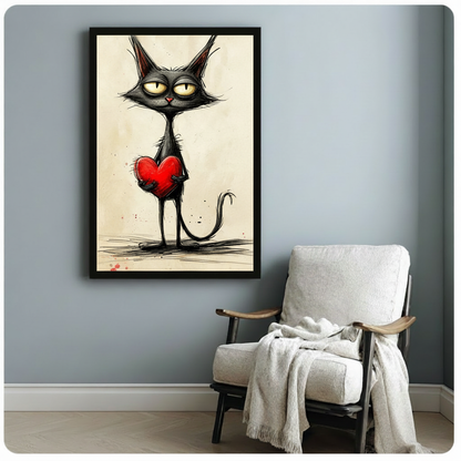 Whimsical ink sketch illustration of an indifferent skinny black cat standing tall on thin legs with spiky ears heavy-lidded yellow-green eyes a small red nose and a trailing curved tail clutching an oversized glossy red heart amid scattered ink droplets on a cream vintage paper background quirky cat wall art framed print beside a white linen armchair on a blue-gray wall