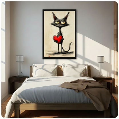 Whimsical ink sketch illustration of a deadpan slender black cat standing upright on spindly legs with pointed ears half-lidded yellow-green eyes a red button nose and a long curved tail hugging a large vibrant red heart with random ink splatters on a warm aged paper background funny cat wall art framed print above a bedroom with white linen bedding and dark wood bedside tables