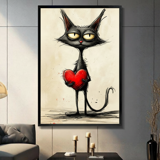 Whimsical ink sketch illustration of a stoic thin black cat upright on wiry legs with angular ears half-closed yellow-green eyes a red dot nose and a long curling tail gripping a large vivid red heart with scattered ink splashes on an aged cream paper background dry humor cat wall art framed print in a living room with dark gray panel wall dark sofa and black vase