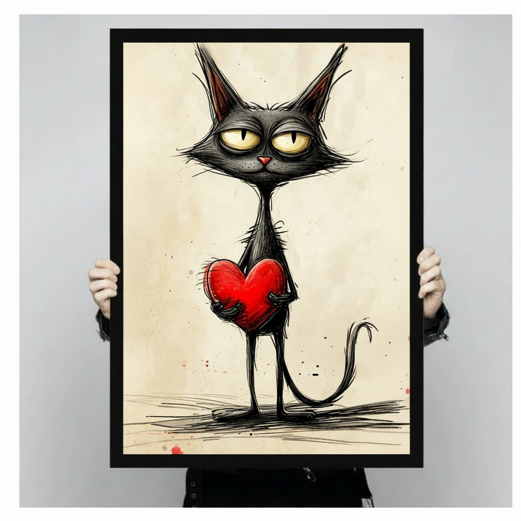 Whimsical ink sketch illustration of an expressionless slender black cat standing on spindly legs with pointed ears heavy-lidded yellow-green eyes a small red nose and a curved tail clasping a large bold red heart with random ink dot splatters on a warm vintage cream paper background relatable funny cat wall art framed print held against a light gray background