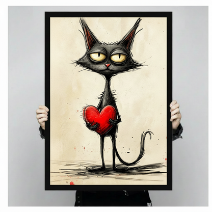 Whimsical ink sketch illustration of an expressionless slender black cat standing on spindly legs with pointed ears heavy-lidded yellow-green eyes a small red nose and a curved tail clasping a large bold red heart with random ink dot splatters on a warm vintage cream paper background relatable funny cat wall art framed print held against a light gray background