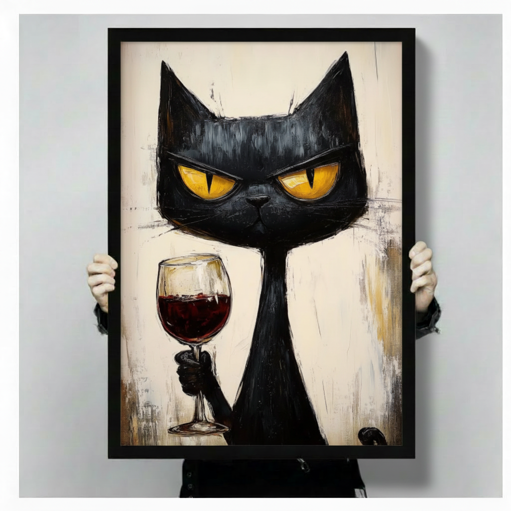 Grumpy black cat holding red wine framed canvas displayed above bed in sunlit neutral bedroom - bold expressive cat wall art with golden eyes for dramatic bedroom decor