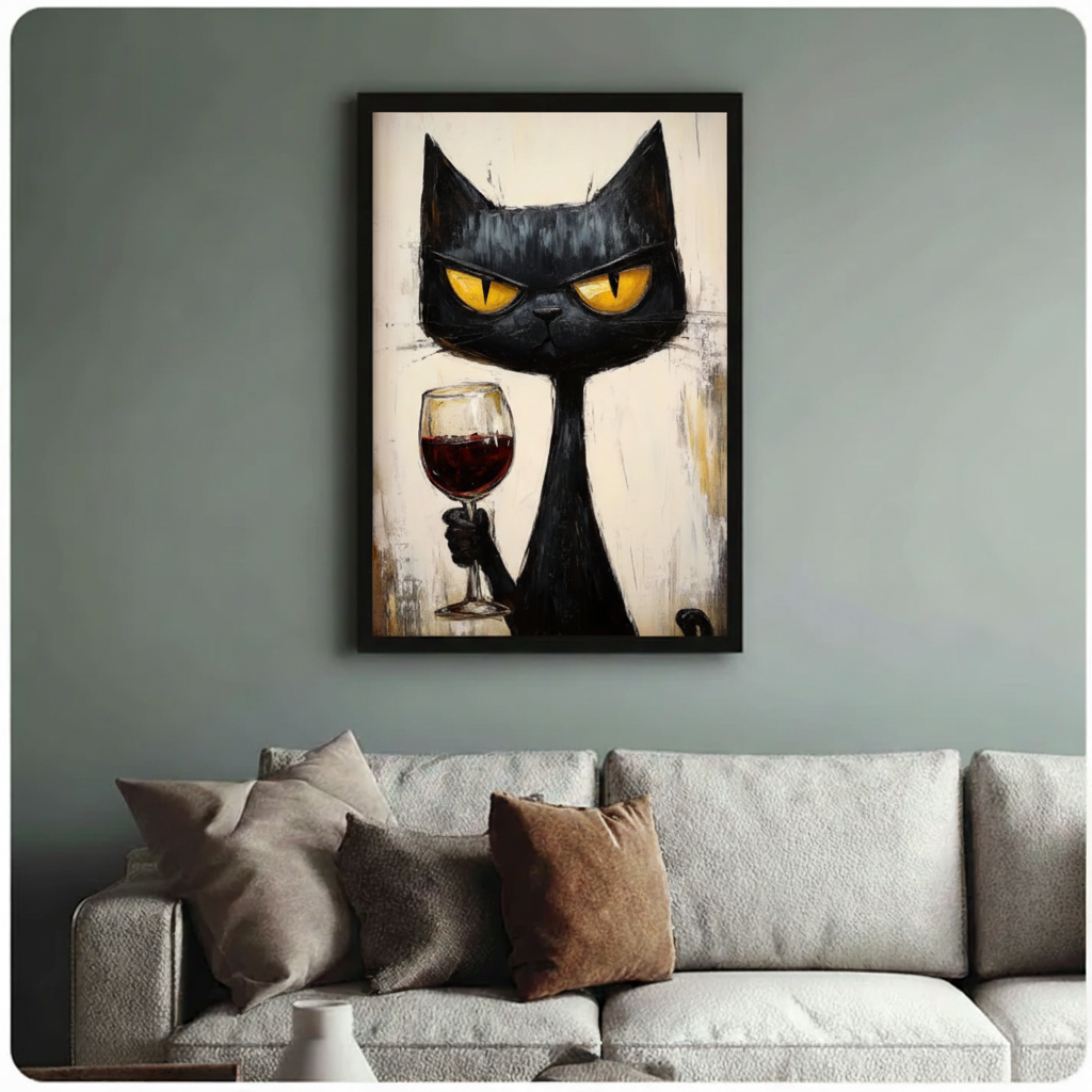 Framed grumpy black cat holding wine glass wall art beside wooden accent chair with linen throw - humorous expressive cat oil painting canvas print for reading nook or study