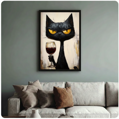 Framed grumpy black cat holding wine glass wall art beside wooden accent chair with linen throw - humorous expressive cat oil painting canvas print for reading nook or study