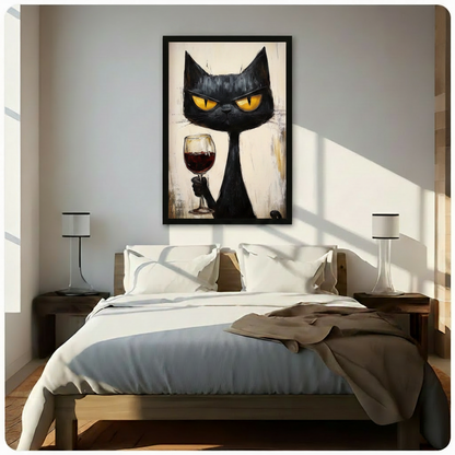 Black cat with red wine glass framed wall art on dark grey stone wall above candles - expressive oil painting canvas print with bold yellow eyes and cream brushstroke background for modern living room
