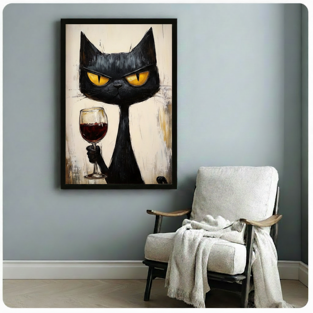 Hands holding large framed grumpy black cat with red wine glass canvas print - full artwork detail of expressive cat oil painting with intense golden eyes and textured cream background