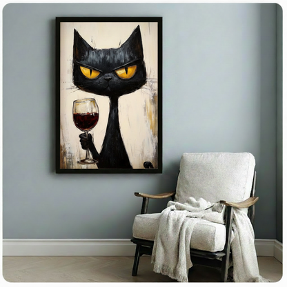 Hands holding large framed grumpy black cat with red wine glass canvas print - full artwork detail of expressive cat oil painting with intense golden eyes and textured cream background