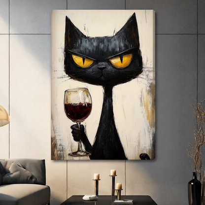 Grumpy black cat with red wine framed art print above cream bouclé sofa on sage grey wall - bold expressive cat canvas wall decor with dramatic yellow eyes and cream palette