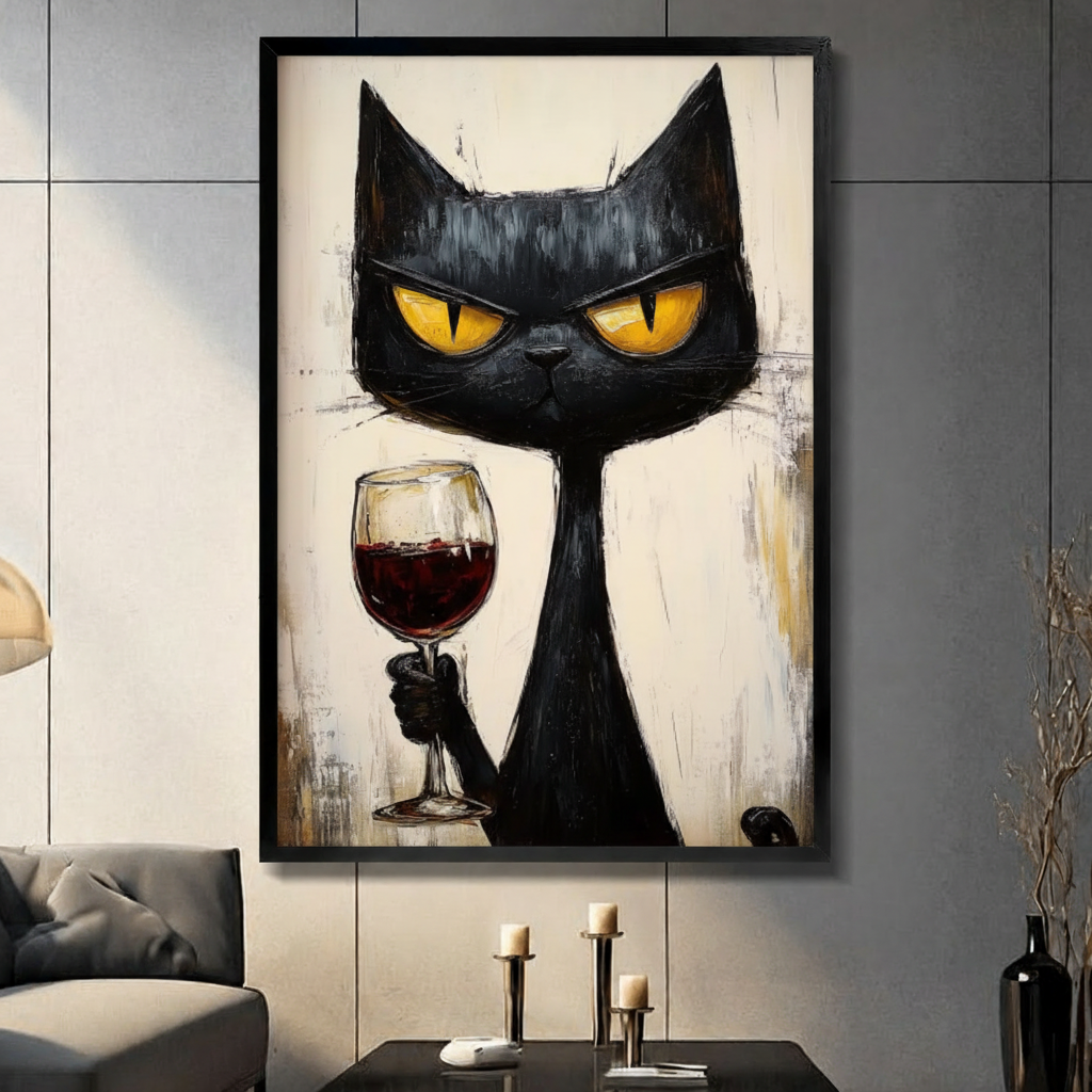 Grumpy black cat holding red wine glass frameless canvas wall art - expressive oil painting with bold brushstrokes and golden yellow eyes on cream textured background for living room decor