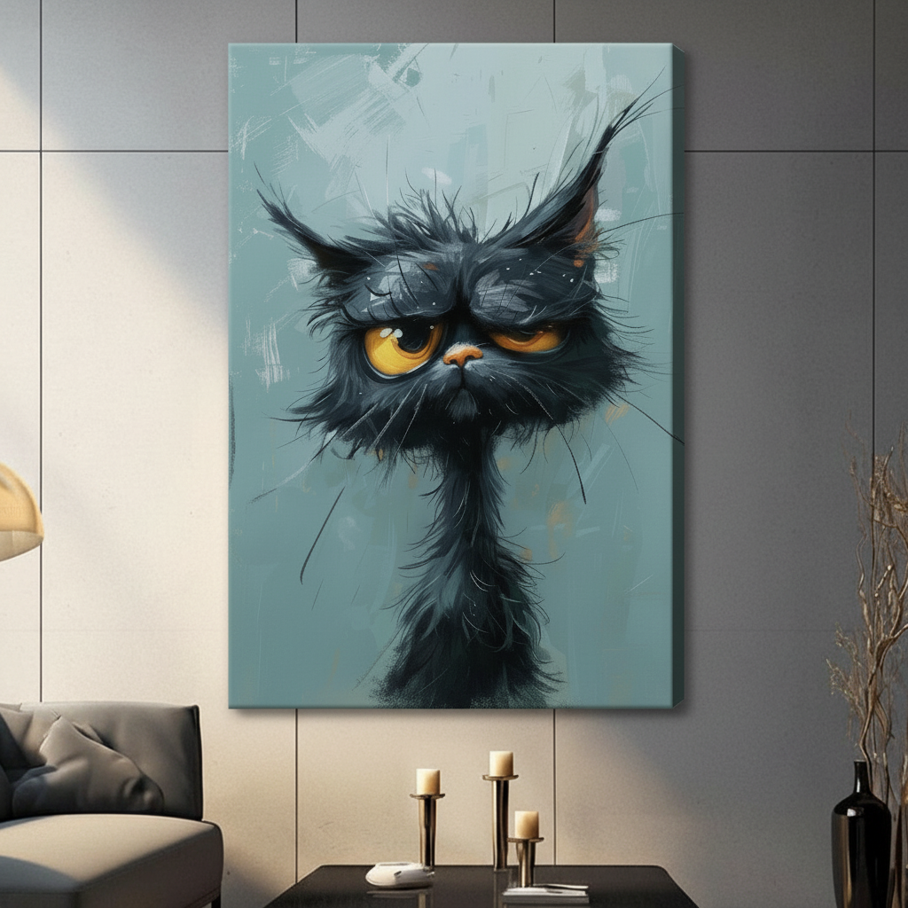 Unframed canvas print featuring a scruffy black cat with an irritated expression and glowing amber eyes painted in expressive brushstrokes on a teal-grey background