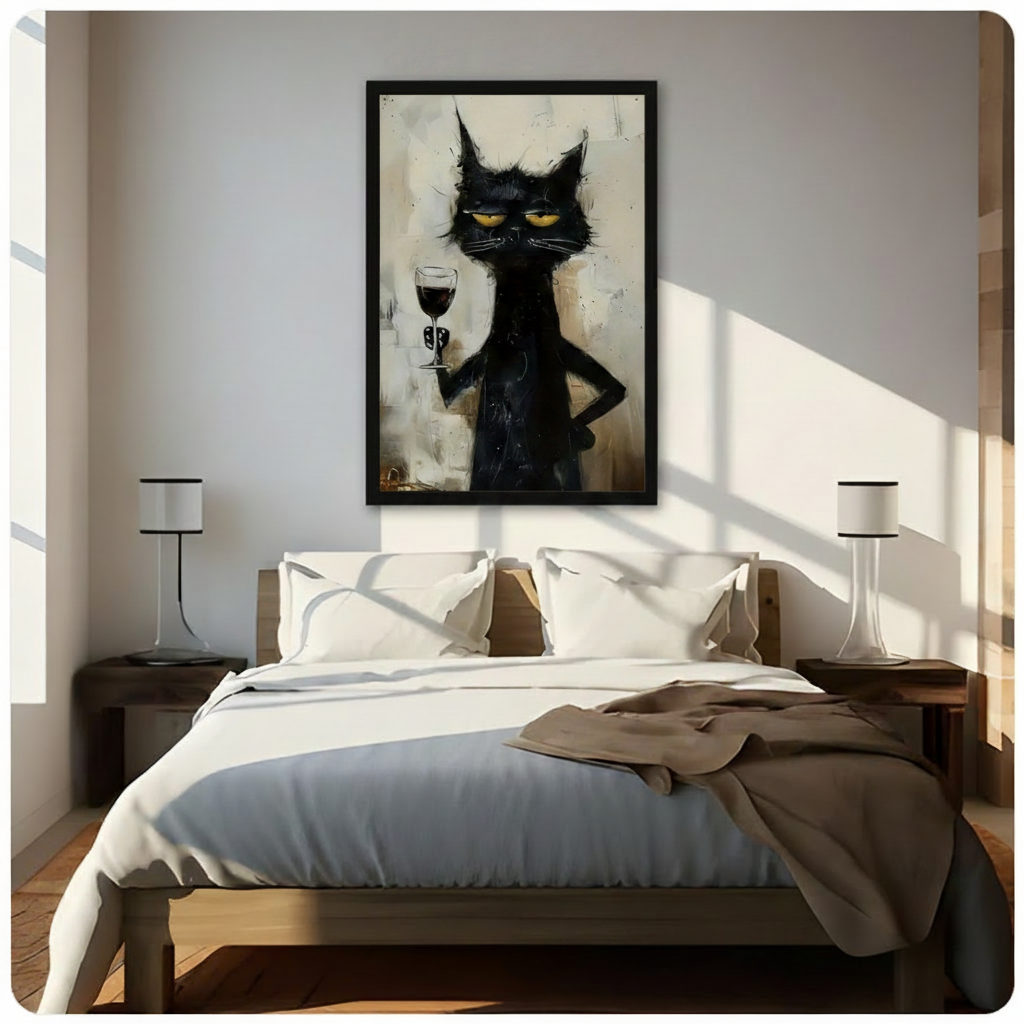 grumpy black cat yellow eyes holding red wine glass framed canvas wall art above bed modern bedroom warm sunlight