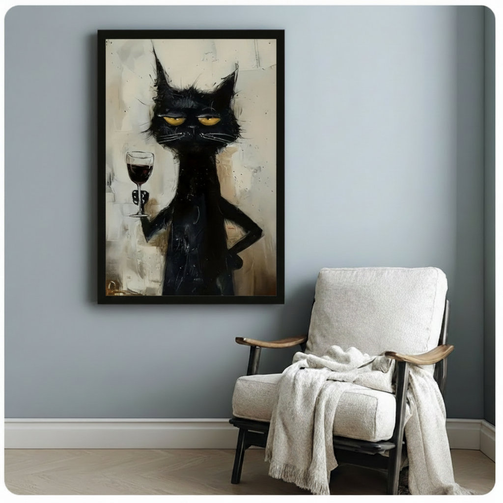 expressive black cat yellow eyes wine glass framed canvas blue gray wall white armchair cozy reading nook art