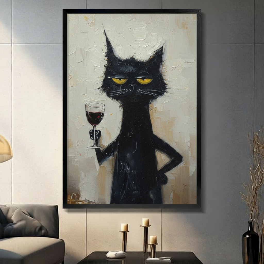 grumpy black cat red wine glass framed canvas gray paneled living room candle holders dark humor wall decor