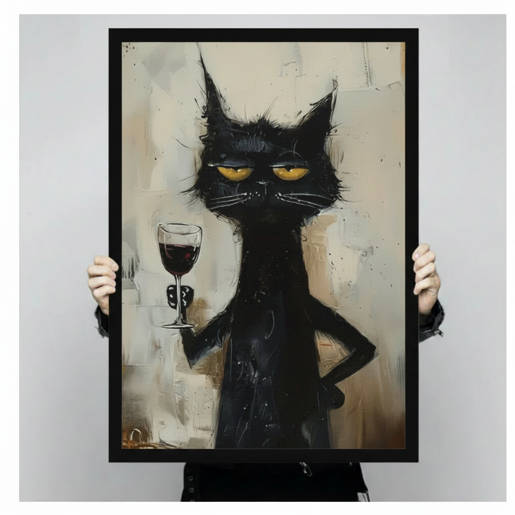 grumpy black cat holding wine glass stretched canvas no frame gray paneled living room bold animal oil painting decor
