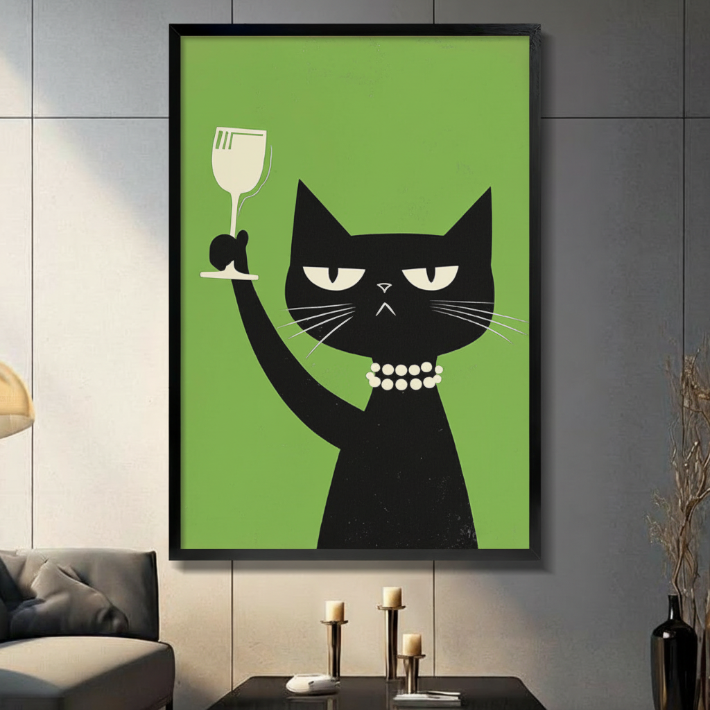 Grumpy black cat holding wine glass framed wall art print displayed in modern dark living room