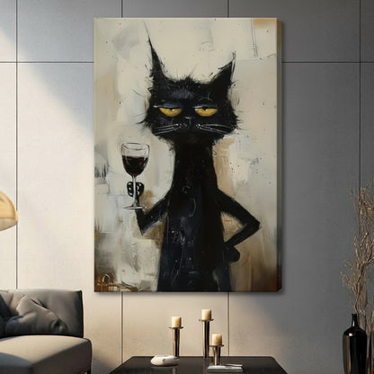 moody black cat wine glass hand held framed canvas display size reference bold oil painting animal art