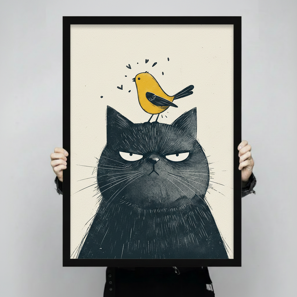 Close-up hand-held view of grumpy black cat and yellow bird canvas art print, showing illustration detail and black wood frame quality