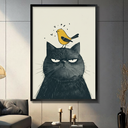 Framed canvas wall art of a grumpy black cat with a cheerful yellow bird perched on its head, whimsical illustration style, displayed in dark modern living room