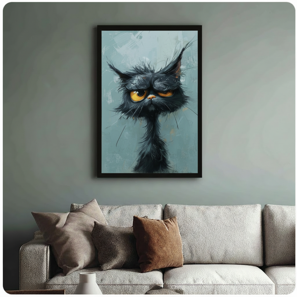 Framed whimsical black cat art print with disheveled fur and bold yellow eyes hung above a cream textured sofa in a sage green living room