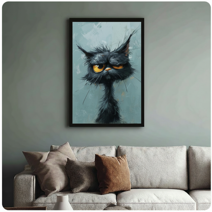 Framed whimsical black cat art print with disheveled fur and bold yellow eyes hung above a cream textured sofa in a sage green living room