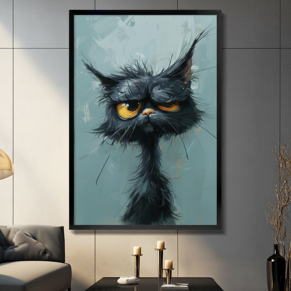 Framed canvas wall art of a grumpy black cat with wild fur and piercing yellow eyes on a dusty blue background, displayed in a moody dark living room with candle holders