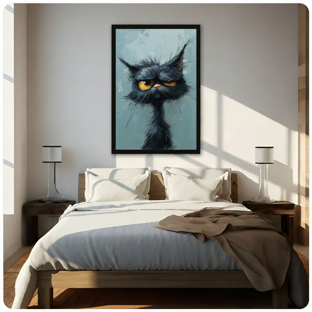 Framed grumpy black cat wall art hung above a wooden bed in a sunlit bedroom with white bedding, featuring a scruffy dark cat with glowing amber eyes on a soft blue background