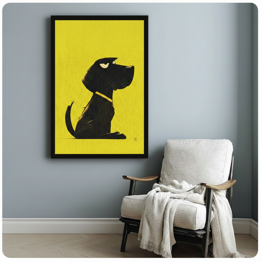 Minimalist grumpy black dog on yellow background art print in black frame displayed on a blue-grey wall beside a white linen accent chair with a draped throw
