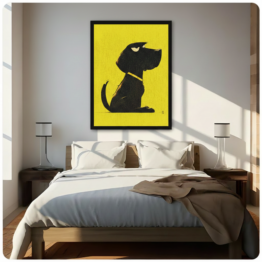 Black framed minimalist grumpy dog with yellow collar canvas print displayed above a wooden bed with white linen in a bright sunlit bedroom