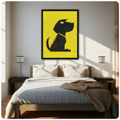 Black framed minimalist grumpy dog with yellow collar canvas print displayed above a wooden bed with white linen in a bright sunlit bedroom