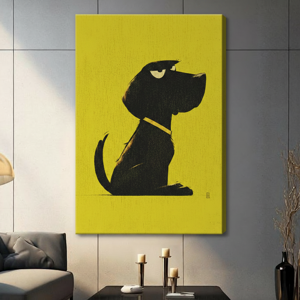 Unframed canvas wrap of a grumpy black dog silhouette on a bold yellow background, mounted on a grey panel wall in a modern living room