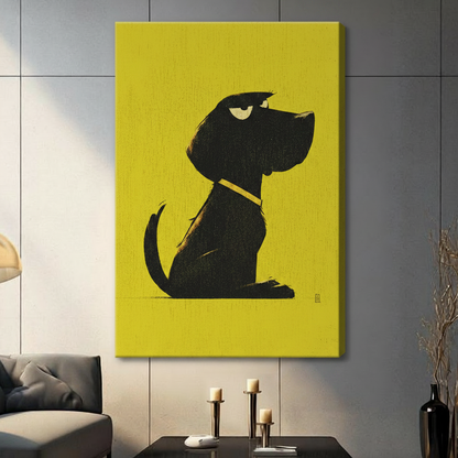 Unframed canvas wrap of a grumpy black dog silhouette on a bold yellow background, mounted on a grey panel wall in a modern living room
