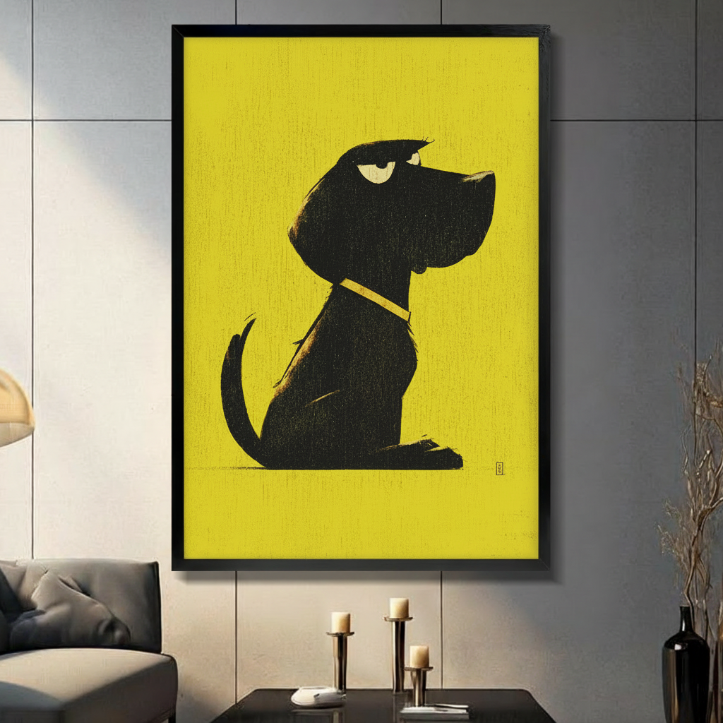 Black framed grumpy black dog with yellow collar minimalist wall art print displayed on a dark grey panel wall above a console table with candle holders