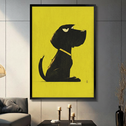 Black framed grumpy black dog with yellow collar minimalist wall art print displayed on a dark grey panel wall above a console table with candle holders