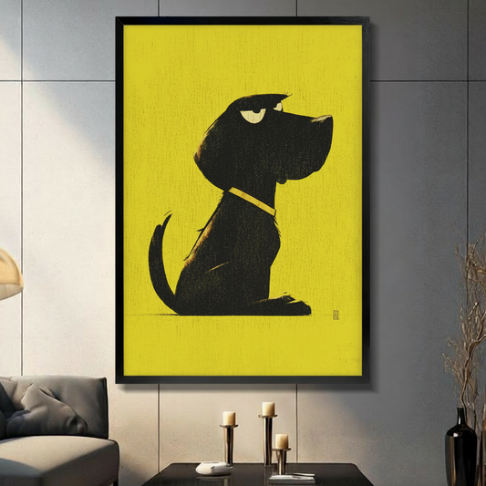 Black framed grumpy black dog with yellow collar minimalist wall art print displayed on a dark grey panel wall above a console table with candle holders