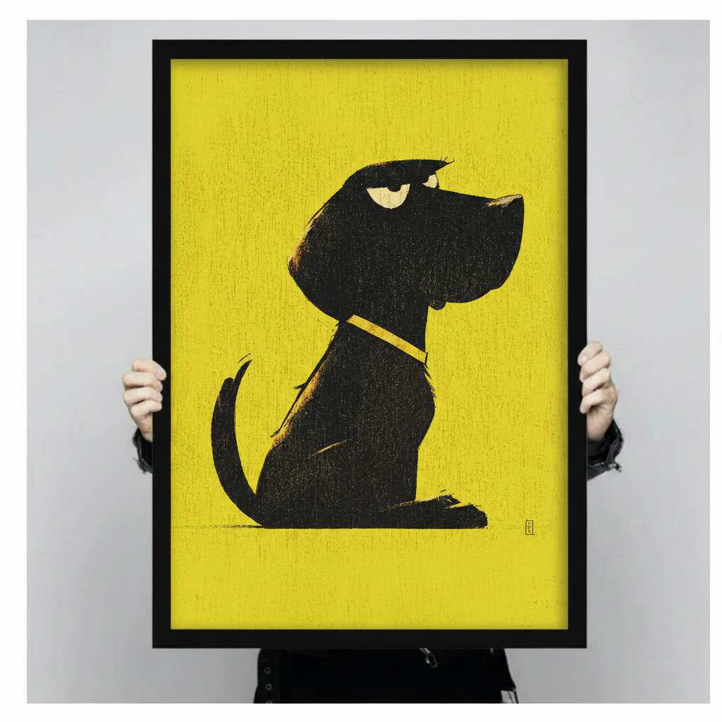 Person holding a large black framed grumpy dog yellow background wall art print showing print size against a neutral grey background