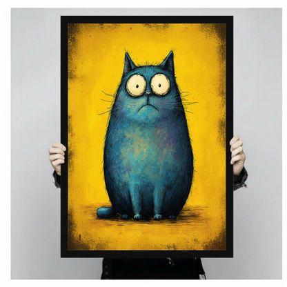 Funny grumpy blue cat canvas print held by two hands — bold painterly teal cat on yellow in black frame ready to hang