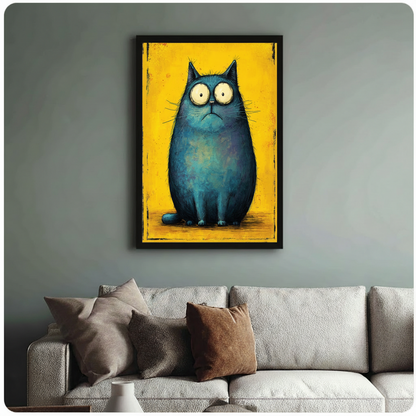 Grumpy blue cat canvas detail page scene — bold teal cat on yellow background framed print styled in beige living room with green sofa