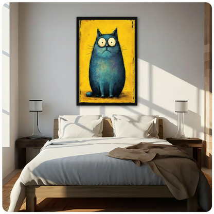 Grumpy teal cat yellow background canvas in black frame — bold quirky cat wall art displayed in cozy bedroom above bed
