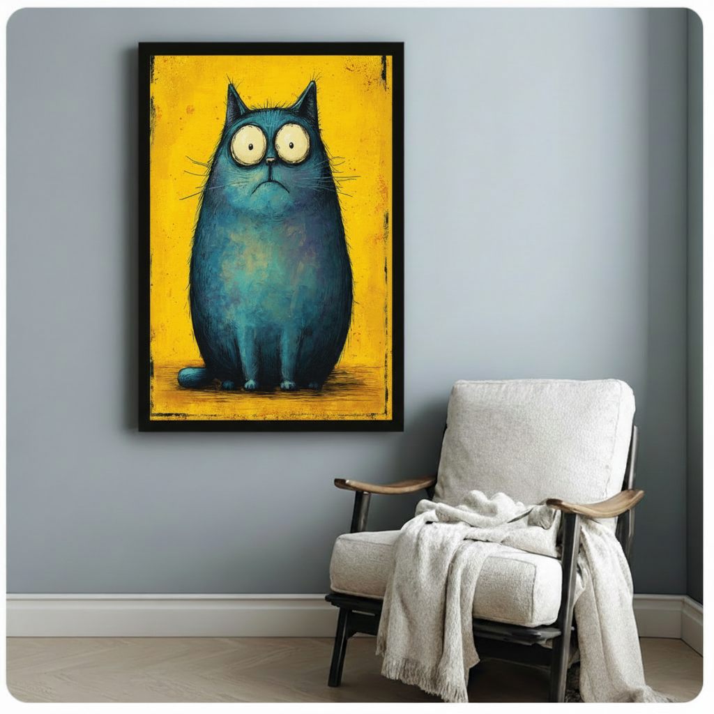 Bold blue cat yellow canvas wall art on blue-gray wall beside white armchair — quirky eclectic cat lover framed print