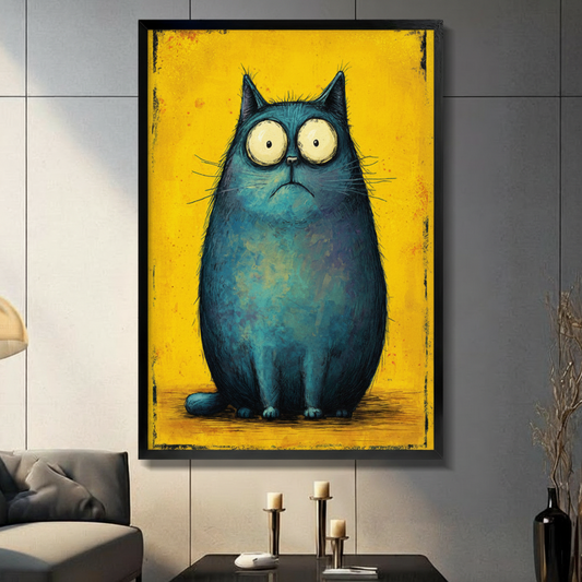 Grumpy blue cat framed canvas wall art — bold teal cat with huge eyes on distressed yellow background in black frame hanging on gray wall with candle holders
