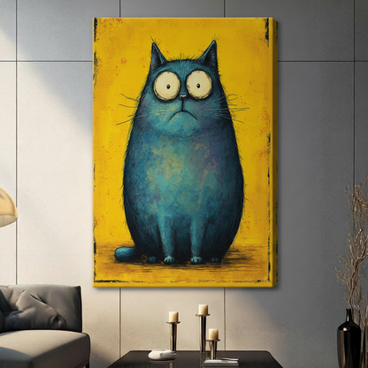 Quirky blue cat stretched canvas print — frameless gallery wrap teal cat on yellow background displayed on gray wall in modern living room"