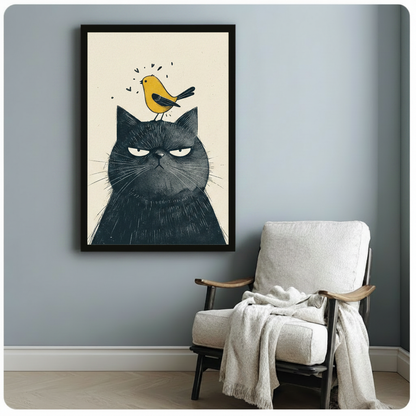 Grumpy black cat with yellow bird framed canvas print hanging above a cozy armchair in a minimalist reading nook, funny cat wall art
