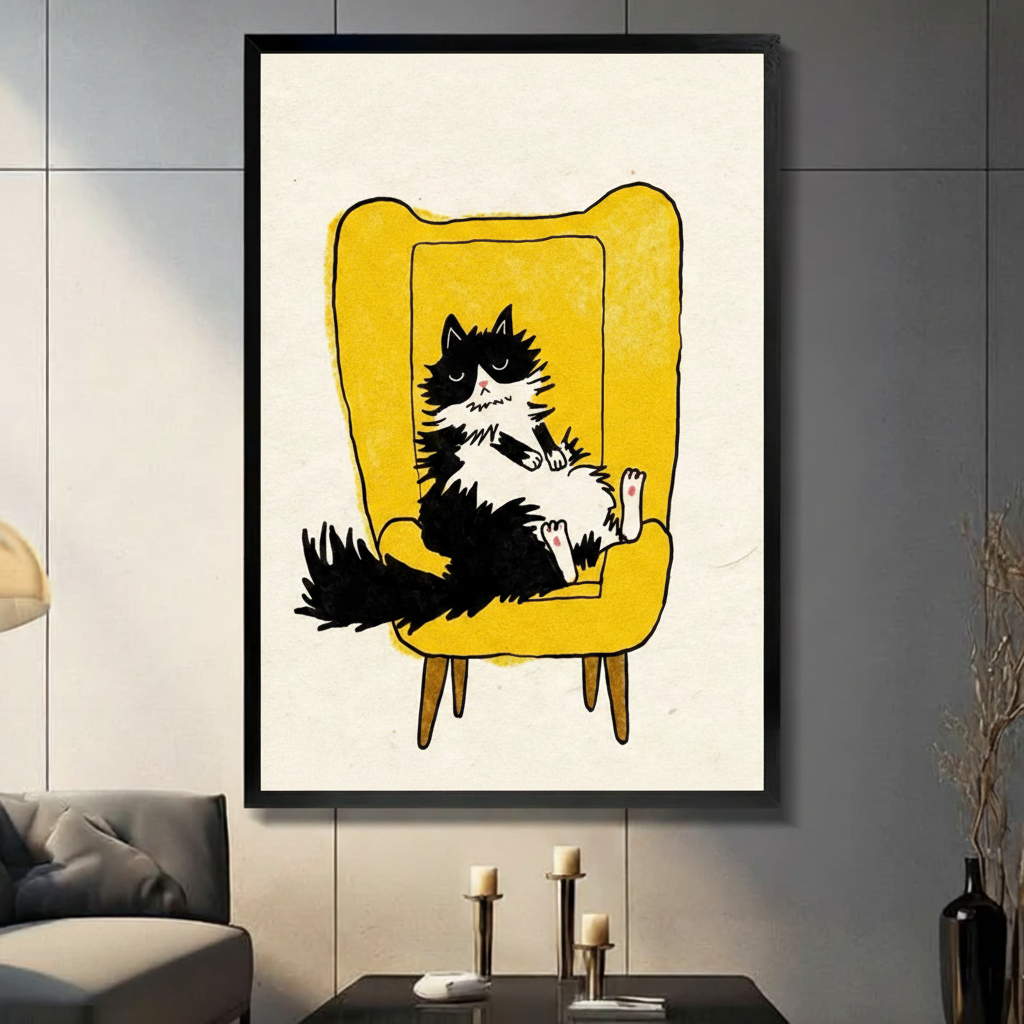 Grumpy cat canvas art in black frame displayed on grey tile wall with candle and sofa