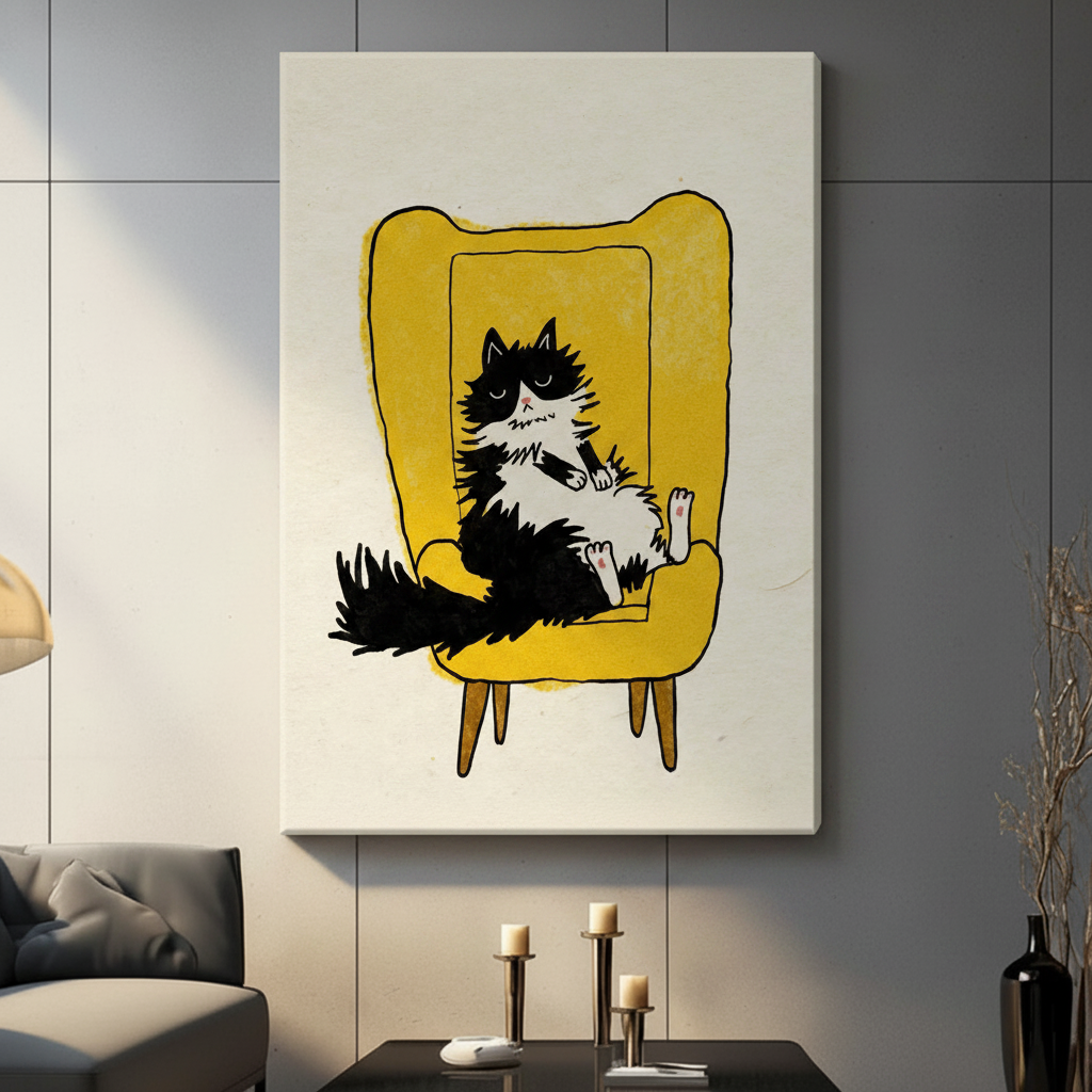 Funny cat stretched canvas print on grey tile wall above modern living room sofa