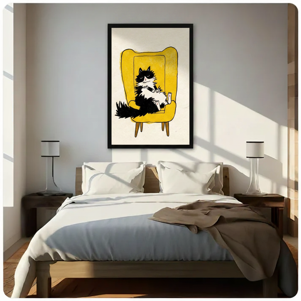 Funny cat canvas wall art in black frame displayed above bed as bedroom wall decor
