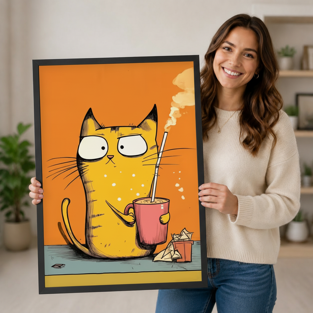 Smiling woman holding a large black-framed canvas print of a grumpy yellow cat with a pink coffee cup, showing print size, frame quality, and vibrant cartoon illustration detail up close